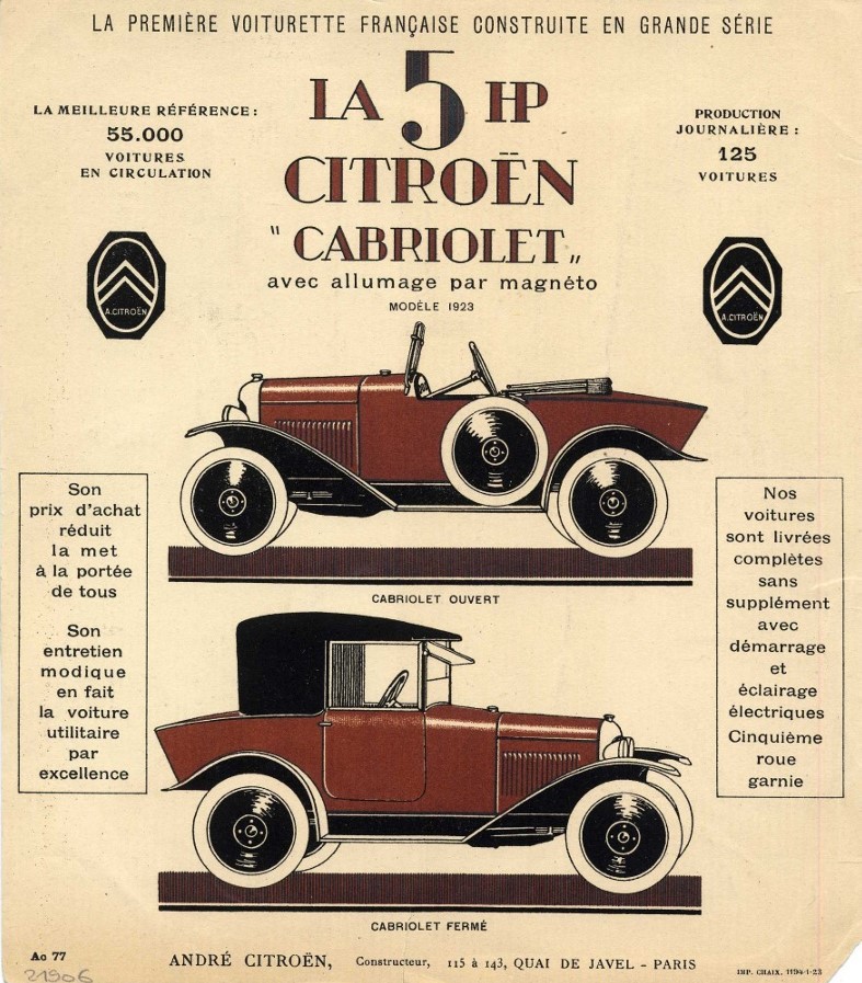 Citroën 5HP Cabriolet 1923 original data sheet